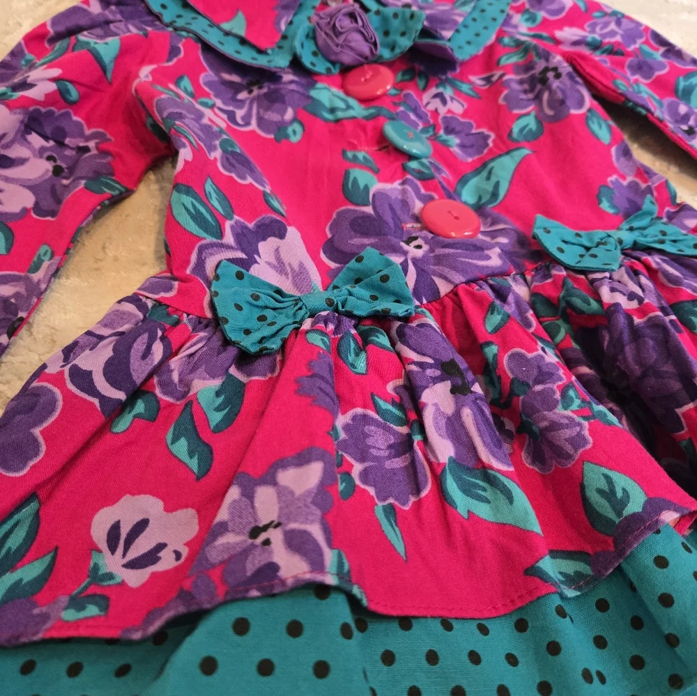 Vintage 1990s Ruffle Long Sleeve Floral Pink Teal Purple Dress
